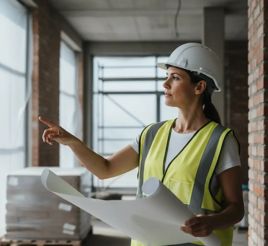Arquitecta de interiores en Sabadell supervisando una reforma integral con planos técnicos y casco de seguridad en una vivienda en construcción.