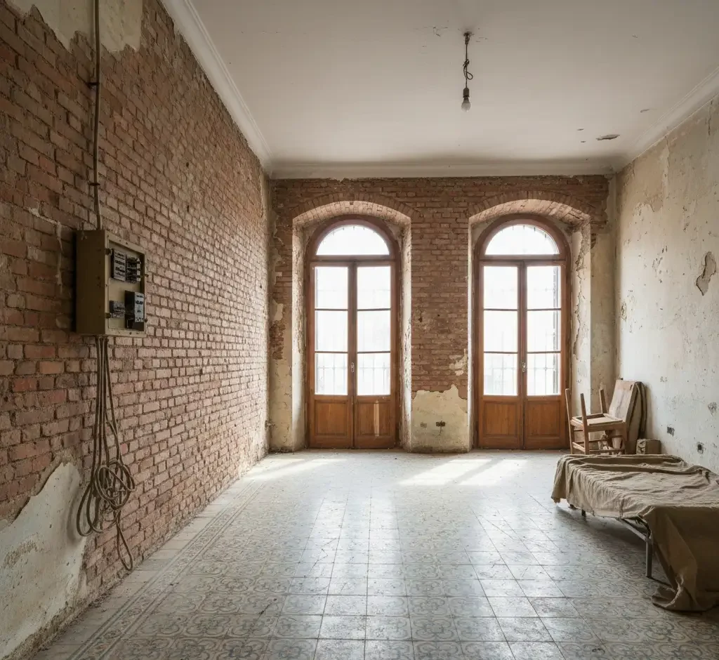 Estado original de un piso antiguo en Sabadell con paredes de ladrillo visto, suelo hidráulico desgastado y techos altos antes de la reforma.