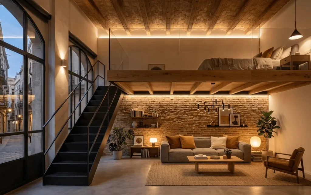 Loft moderno con dormitorio en altillo, sala de estar con sofá gris, pared de ladrillo y grandes ventanales a la calle.