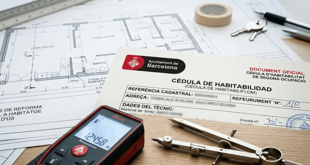 Documentos de habitabilidad de Barcelona, planos de vivienda, medidor láser y herramientas de dibujo sobre mesa de madera.