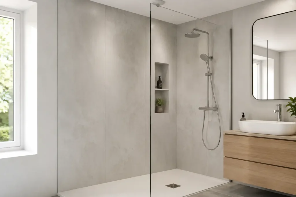 Paneles de PVC modernos para paredes de baño, una solución impermeable y de fácil instalación para reformas de baños.
