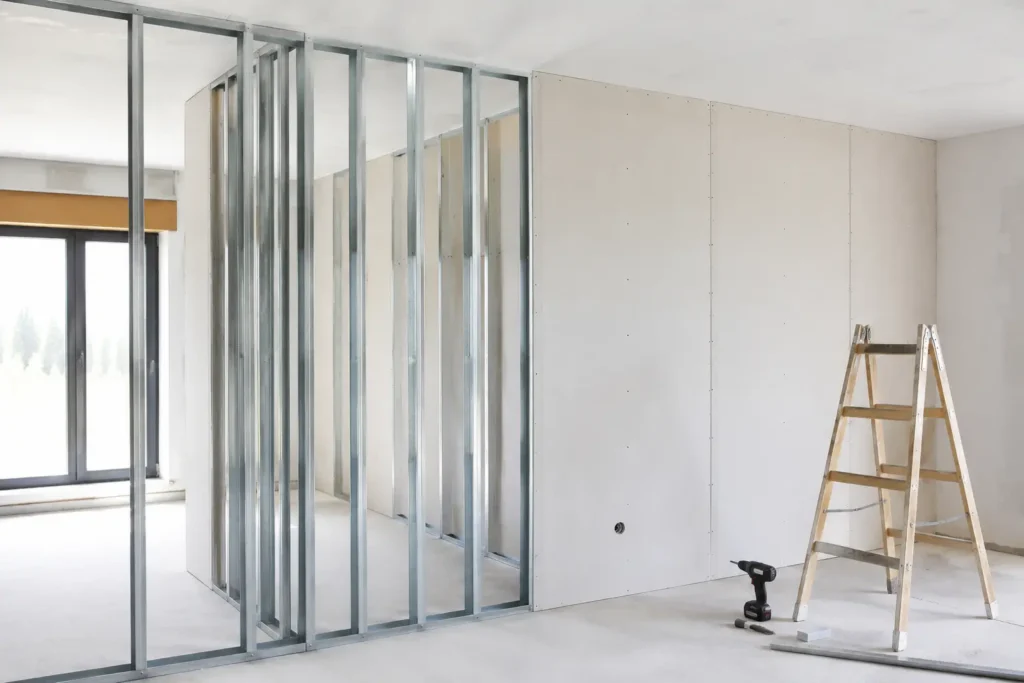 Instalación profesional de tabique de Pladur, mostrando la estructura metálica y paneles de yeso laminado en una reforma de vivienda.